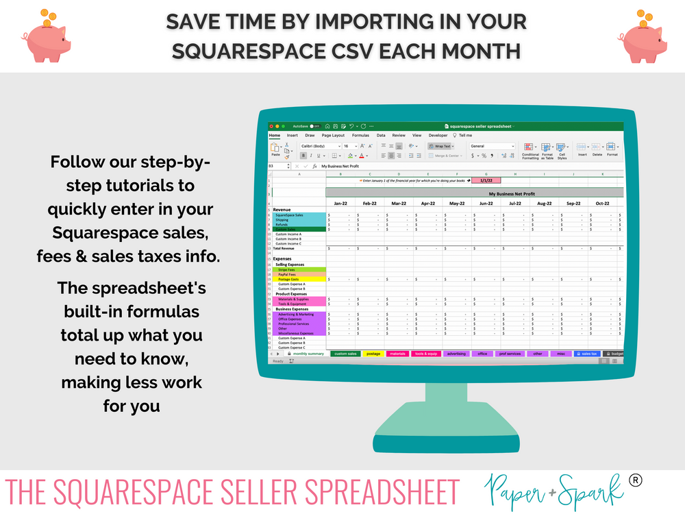 Squarespace website bookkeeping spreadsheet
