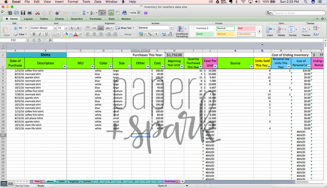 Inventory for Resellers spreadsheet – Paper and Spark inventory-for-resellers-spreadsheet-paper-and-spark